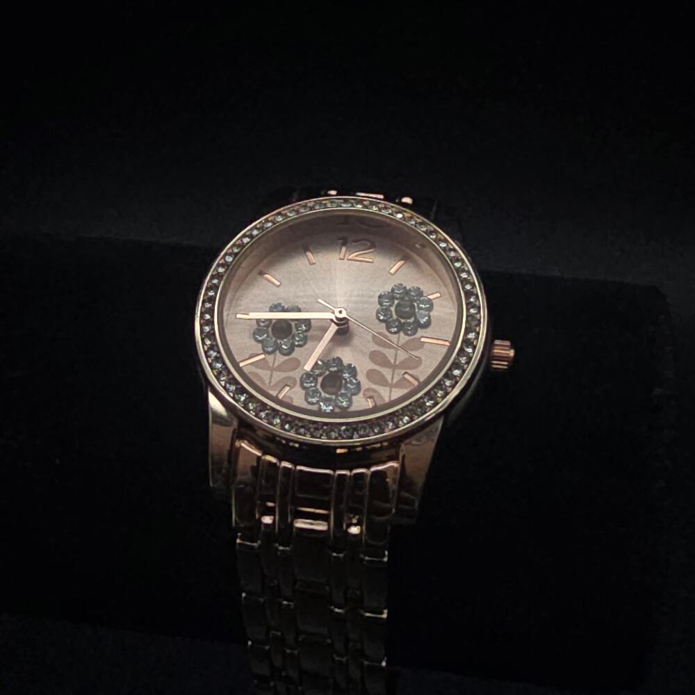 Women's Accutime Rose Gold Tone Quartz Watch‎ Rhinestone Flowers WORKS - Picture 3 of 9